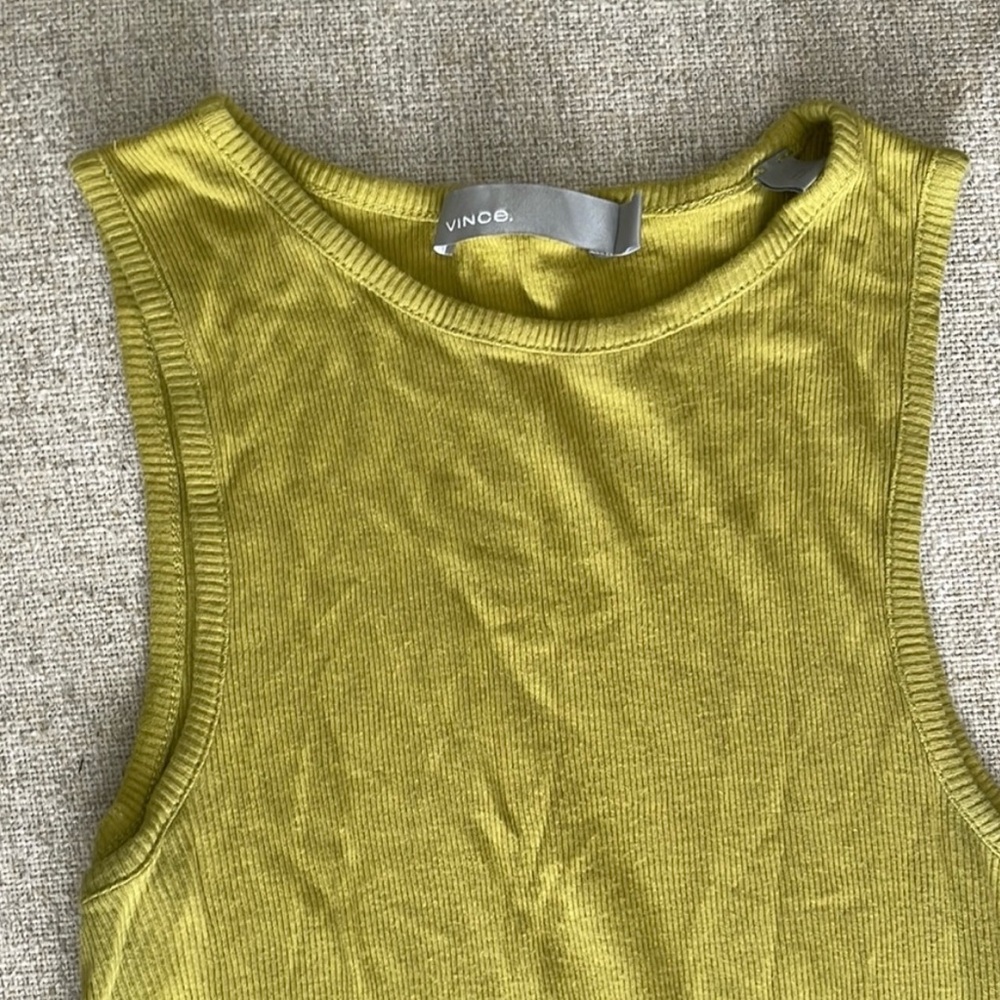 Vince Ribbed Cut Out Yellow Green Tank Top